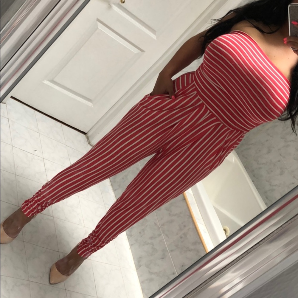 LAST 1 SIZE LARGE! CORAL STRIPE JUMPSUIT - Picture 5 of 8